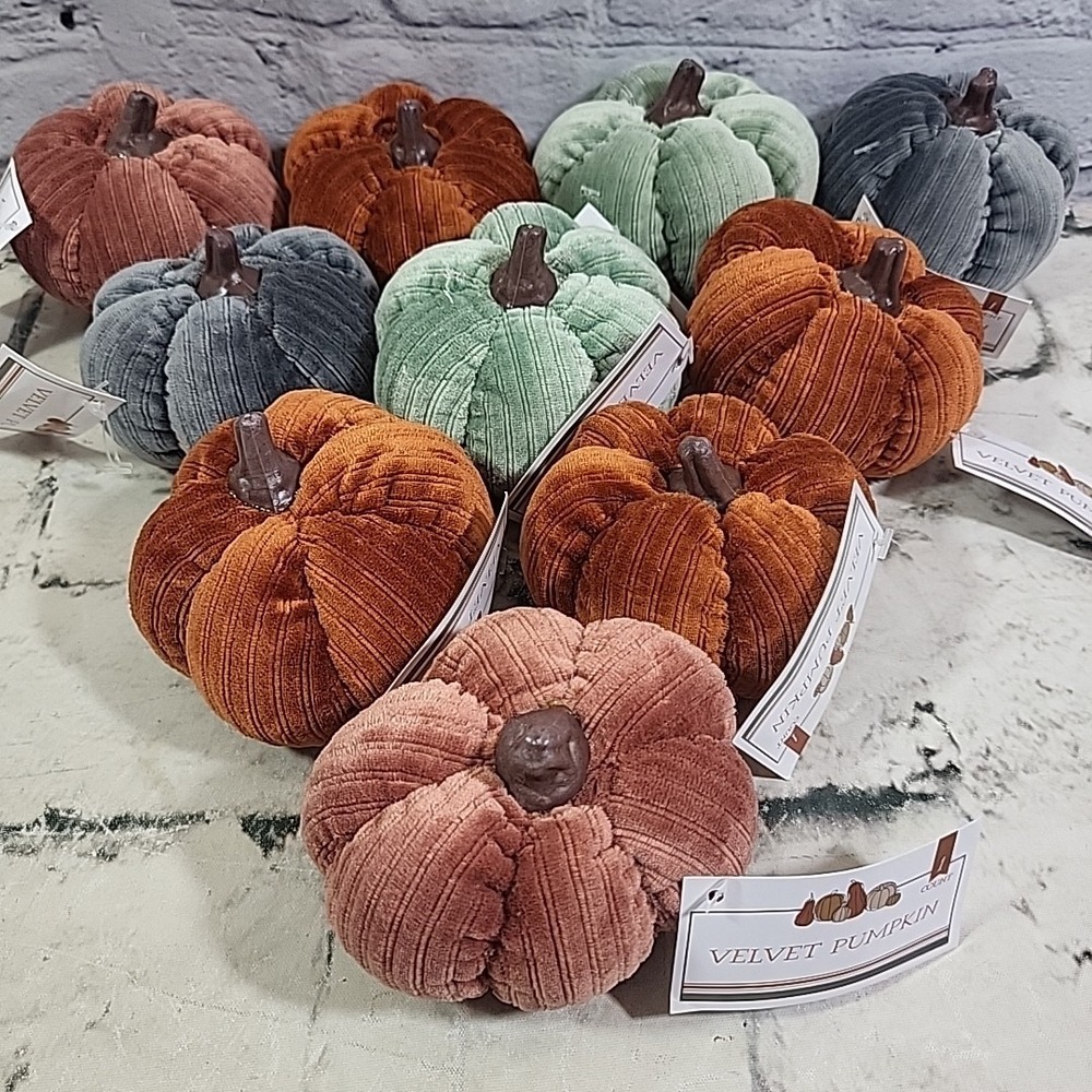 Mini 3" Velvet Pumpkins Plush Lot Of 10 Decor Fall Harvest Thanksgiving New